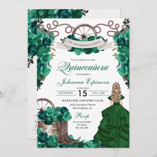 Invitation Emerald Green Ranchero Quinceanera (Devant / Derrière)