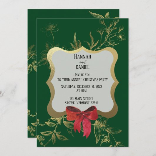 Invitation Emerald Green Red Bow Fête de Noël (Devant / Derrière)