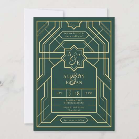 Invitation Emerald Green Retro Gold Art Déco QR Code Photo (Devant)