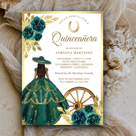 Invitation Emerald Green Robe Florale Charro Gold Quinceanera