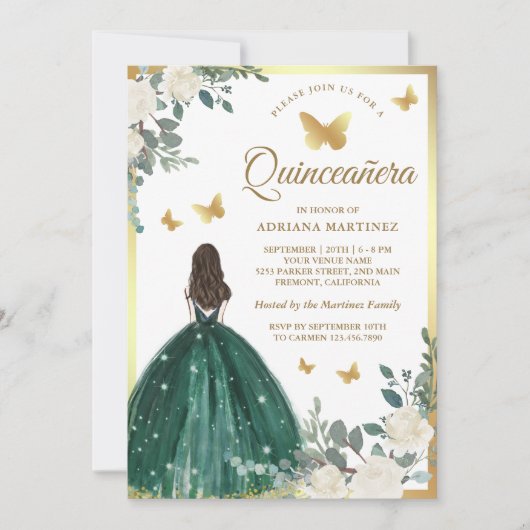 Invitation Emerald Green Robe Papillon Or Quinceanera (Devant)