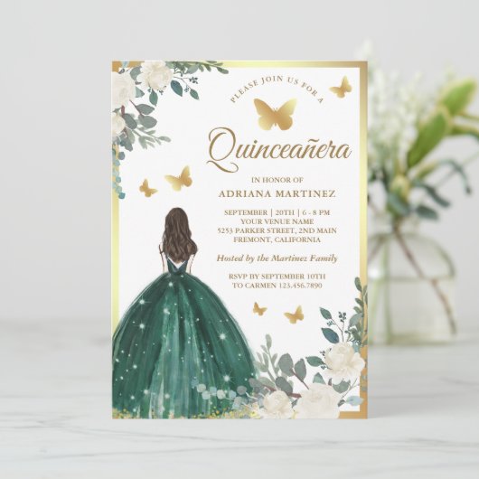 Invitation Emerald Green Robe Papillon Or Quinceanera (Debout devant)