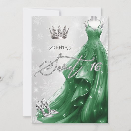 Invitation Emerald Green Robe Snowflakes Winter Sweet 16 (Devant)