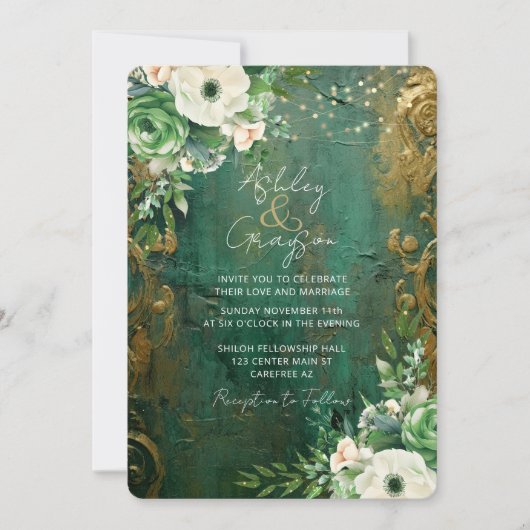 Invitation Emerald Green Romantic Floral Mariage (Devant)
