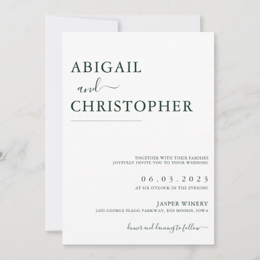 Invitation Emerald Green Romantic Simple Mariage (Devant)