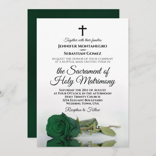 Invitation Emerald Green Rose Élégant Mariage catholique mode (Devant / Derrière)