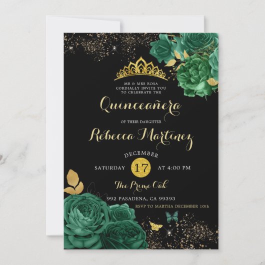Invitation Emerald Green Rose et Black Mis 15 Años (Devant)
