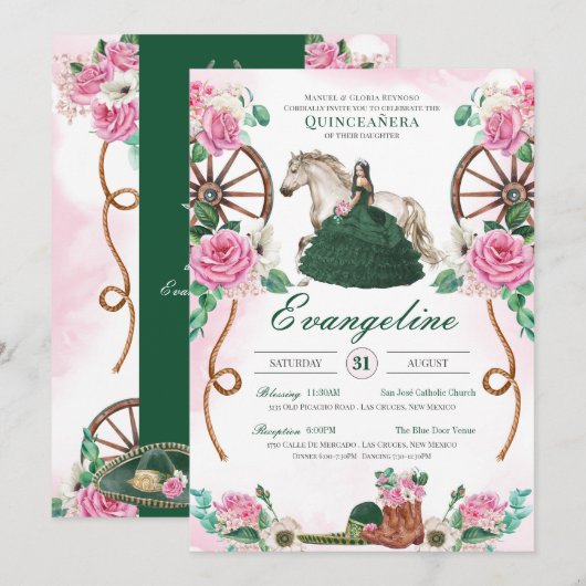 Invitation Emerald Green & rose Floral Charro Quinceanera (Devant / Derrière)