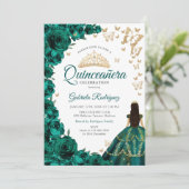 Invitation Emerald Green Rose Floral Or Blanc Quinceanera (Debout devant)