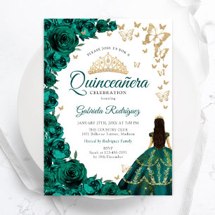 Invitation Emerald Green Rose Floral Or Blanc Quinceanera
