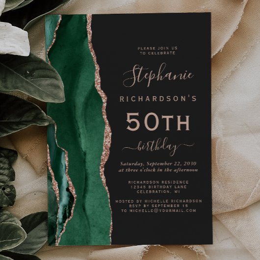 Invitation Emerald Green Rose Gold Agate Dark 50e anniversair