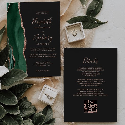 Invitation Emerald Green Rose Gold Agate Dark QR Code Mariage