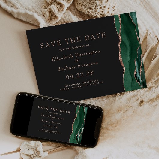 Invitation Emerald Green Rose Gold Agate foncé Enregistrer la
