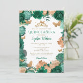Invitation Emerald Green Rose Gold Butterflies Quinceañera (Debout devant)