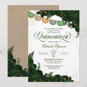 Invitation Emerald Green Rose & Gold Papel Picado Quinceañera (Devant / Derrière)