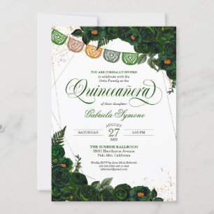 Invitation Emerald Green Rose & Gold Papel Picado Quinceañera