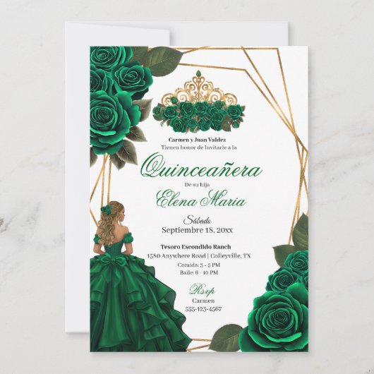Invitation Emerald Green Rose Gold Quinceañera (Devant)