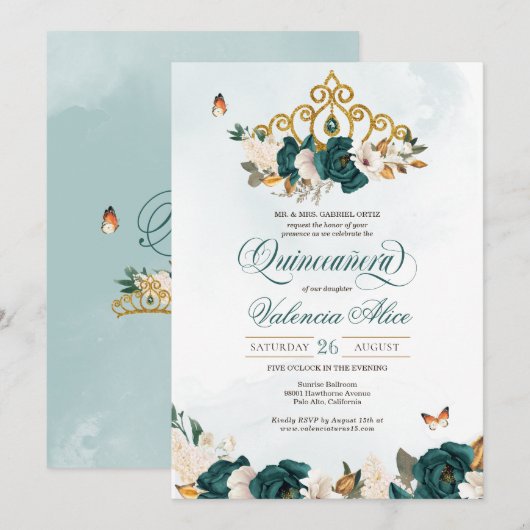 Invitation Emerald Green Rose Gold Tiara Butterfly Quince (Devant / Derrière)