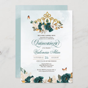 Invitation Emerald Green Rose Gold Tiara Butterfly Quince