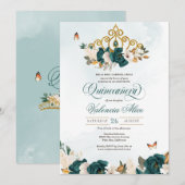 Invitation Emerald Green Rose Gold Tiara Butterfly Quince (Devant / Derrière)