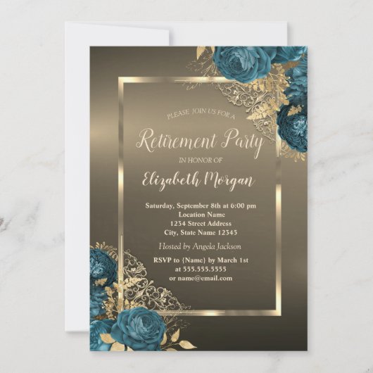 Invitation  Emerald Green Roses Frame Brown Retirement Party (Devant)