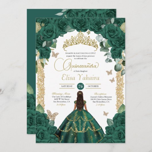 Invitation Emerald Green Roses & Gold Butterfly Quinceanera (Devant / Derrière)