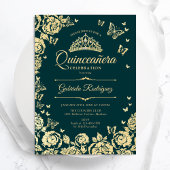 Invitation Emerald Green Roses papillons Quinceanera