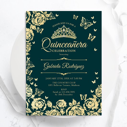 Invitation Emerald Green Roses papillons Quinceanera