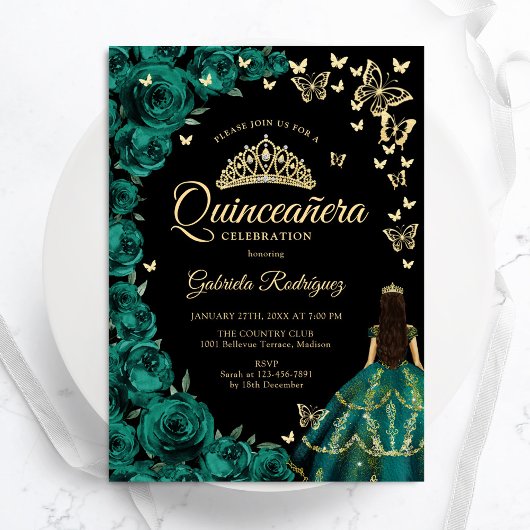 Invitation Emerald Green Roses papillons Quinceanera
