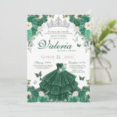 Invitation Emerald Green Roses & Silver Butterfly Quinceanera (Debout devant)