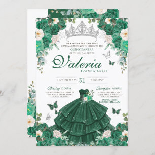 Invitation Emerald Green Roses & Silver Butterfly Quinceanera