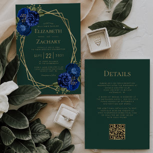 Invitation Emerald Green Royal Blue Floral Code QR Mariage