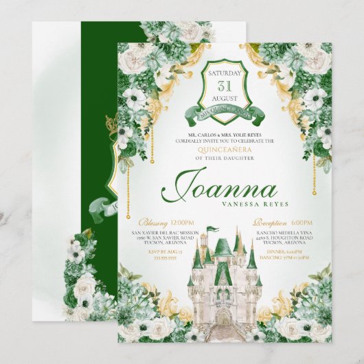Invitation Emerald Green Royal Castle Princess Quinceanera (Devant / Derrière)