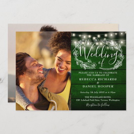 Invitation Emerald Green Rustic 2 Photo String Mariage (Devant / Derrière)