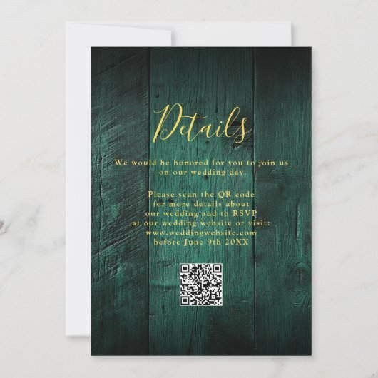 Invitation Emerald Green Rustic Barn Mariage QR Code (Dos)