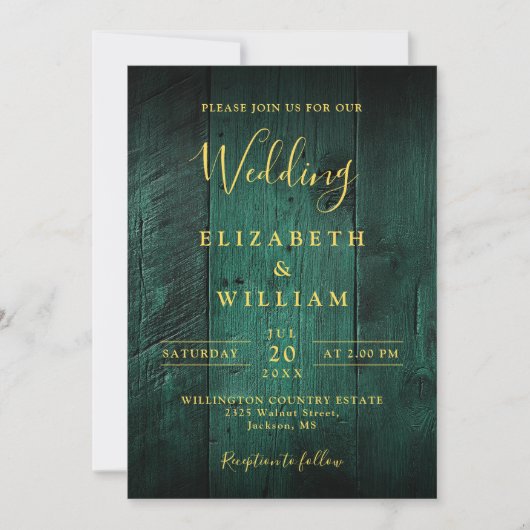 Invitation Emerald Green Rustic Boho Barn Mariage en bois (Devant)