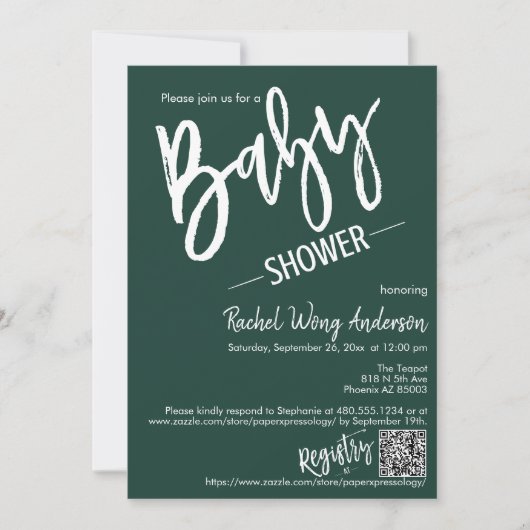 Invitation Emerald Green Script Baby shower QR Code photo (Devant)