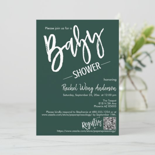 Invitation Emerald Green Script Baby shower QR Code photo (Debout devant)