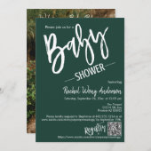 Invitation Emerald Green Script Baby shower QR Code photo (Devant / Derrière)