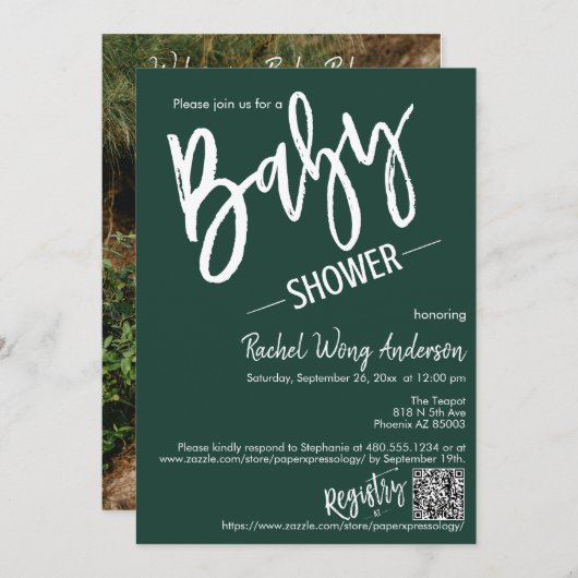 Invitation Emerald Green Script Baby shower QR Code photo (Devant / Derrière)