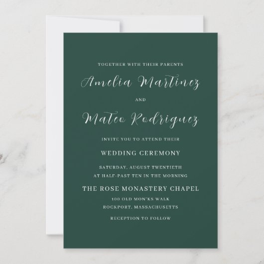Invitation Emerald Green Script Mariage moderne (Devant)
