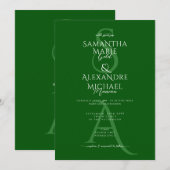 Invitation Emerald Green Script Mariage Monogramme contempora (Devant / Derrière)