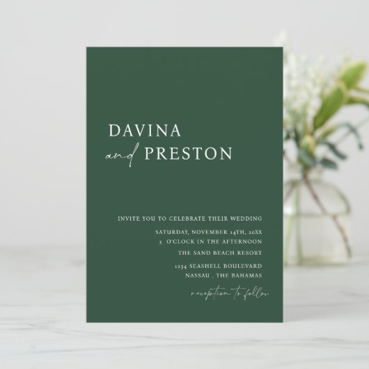 Invitation Emerald Green Script Modern Simple Photo Mariage (Debout devant)
