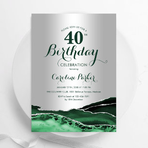 Invitation Emerald Green Silver Agate 40th Birthday Party