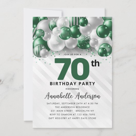 Invitation Emerald Green Silver Balloon Parties scintillant 7 (Devant)