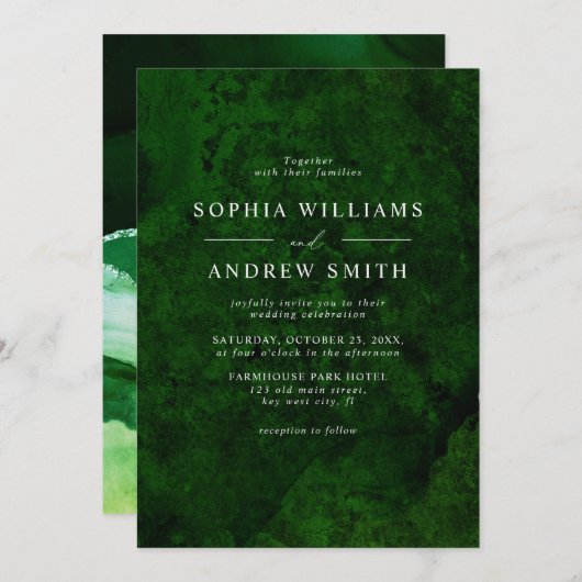 Invitation Emerald Green & Silver Calligraphy (Devant / Derrière)