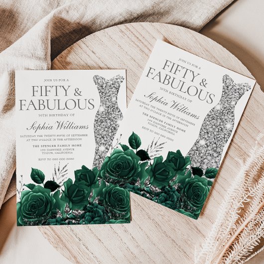 Invitation Emerald Green & Silver Dress 50th Birthday Party