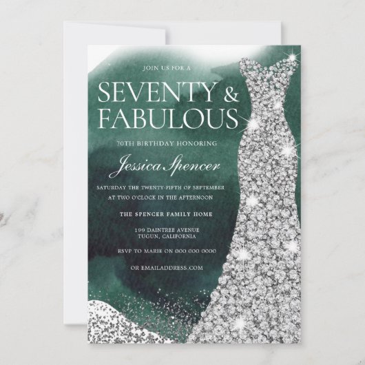 Invitation Emerald Green & Silver Dress 70th Birthday Party (Devant)