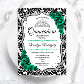 Invitation Emerald Green Silver Elegant Damask Quinceanera