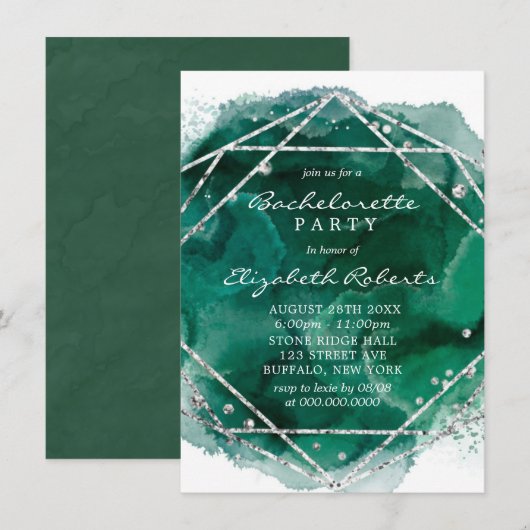 Invitation Emerald Green Silver Fête de Bachelorette géométri (Devant / Derrière)